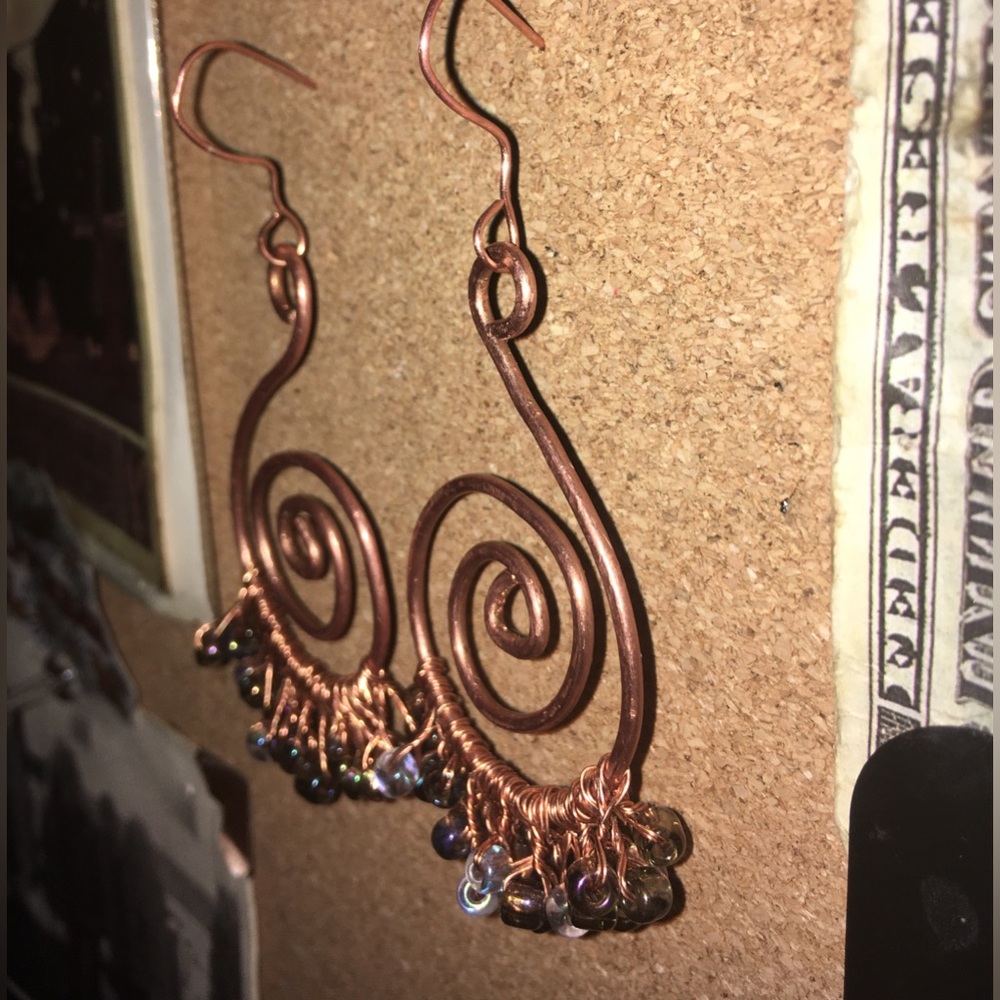 BOGO 50% OFF! Swirled Copper Dangly Beaded Earrings. Handmade - Picture 6 of 10